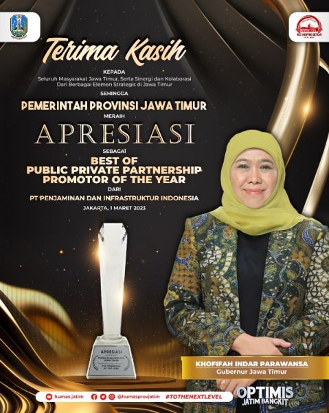Gubernur Khofifah raih penghargaan The Best of Public Private Partnership Promotor of The Year. (Ist) 