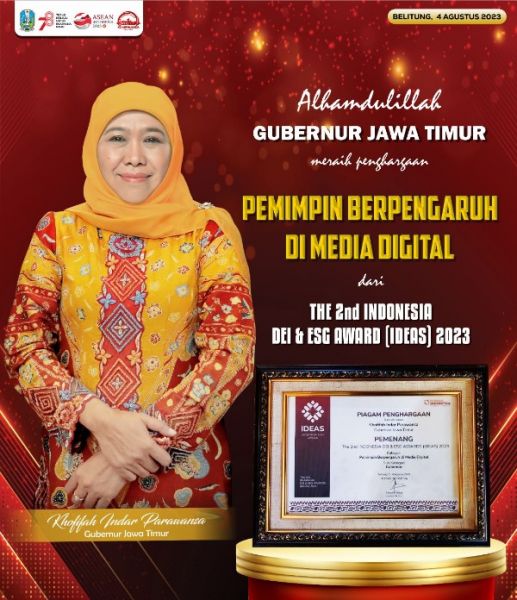 Gubernur Khofifah mendapat predikat pemimpin yang berdampak di media Digital. (Istt) 