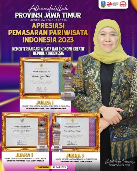 Gubenur Khofifah mengapresiasi pemasaran pariwisata di Jatim sehingga memboyong tiga penghargaan dari Kemenparekraf. (Ist) 