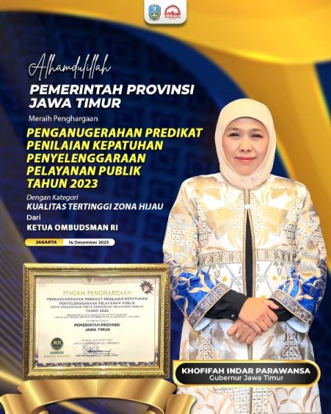 Pemprov Jatim raih penghargaan Ombudsman RI. (Ist) 