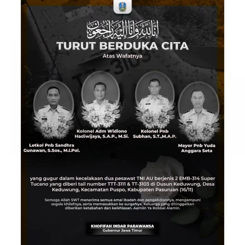 Gubernur Khofifah sampaikan duka cita mendalam atas jatuhnya pesawat TNI AU. (Ist) 