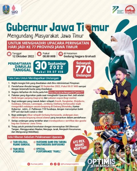 Gubernur Khofifah undang masyarakat Upacara Hari Jadi ke 77 Provinsi Jatim. (Ist) 