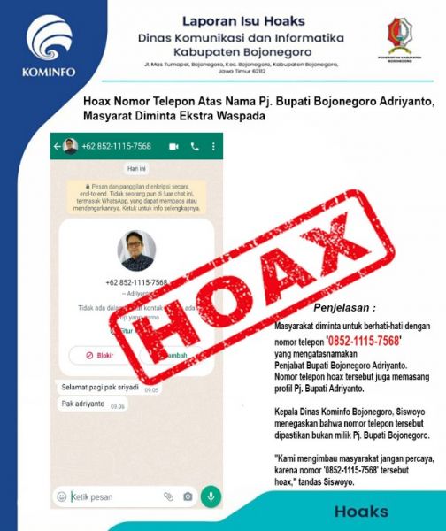 Nomor telepon yang memasang profil Pj Bupati Bojonegoro Adriyanto adalah hoax. Masyarakat diminta waspada dan berhati-hati. (Ist) 