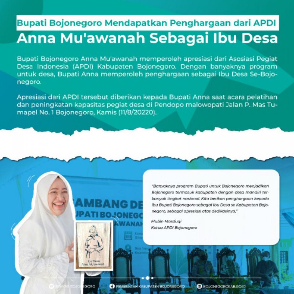 Bupati Bojonegoro Anna Mu'awanah dinobatkan sebagai Ibu Desa oleh APDI karena berhasil memberdayakan Desa menjadi Desa Mandiri. (Ist) 
