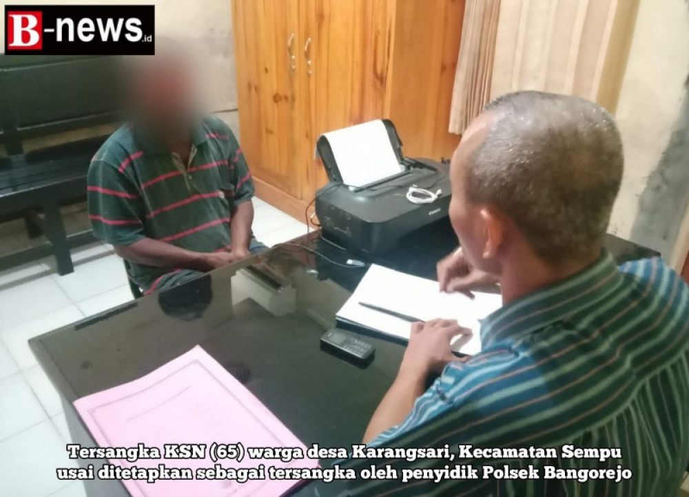 Tersangka KSN (65) lansia asal desa Karangsari usai disidik dan ditetapkan sebagai tersangka turut serta melakukan tindak pidana pencurian. (Irw) 