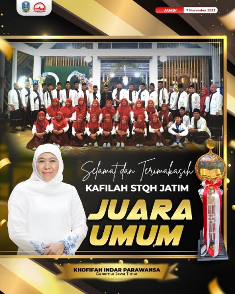 Borong 10 gelar juara, Kafilah Jatim juara umum STQH tingkat Nasional XVII di Jambi. (Ist) 