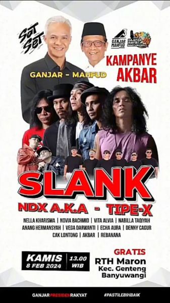 Kampanye Akbar pasangan capres Ganjar - Mahfud MD di Banyuwangi dimeriahkan dengan Slank. Ratusan ribu massa dan para slanker bakal memadati lapangan tersebut. (Ist) 