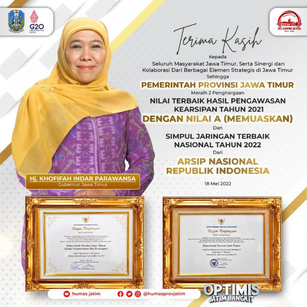 Gubernur Jawa Timur Khofifah Indar Parawansa dan dua penghargaan dari Arsip Nasional RI. (Ist) 