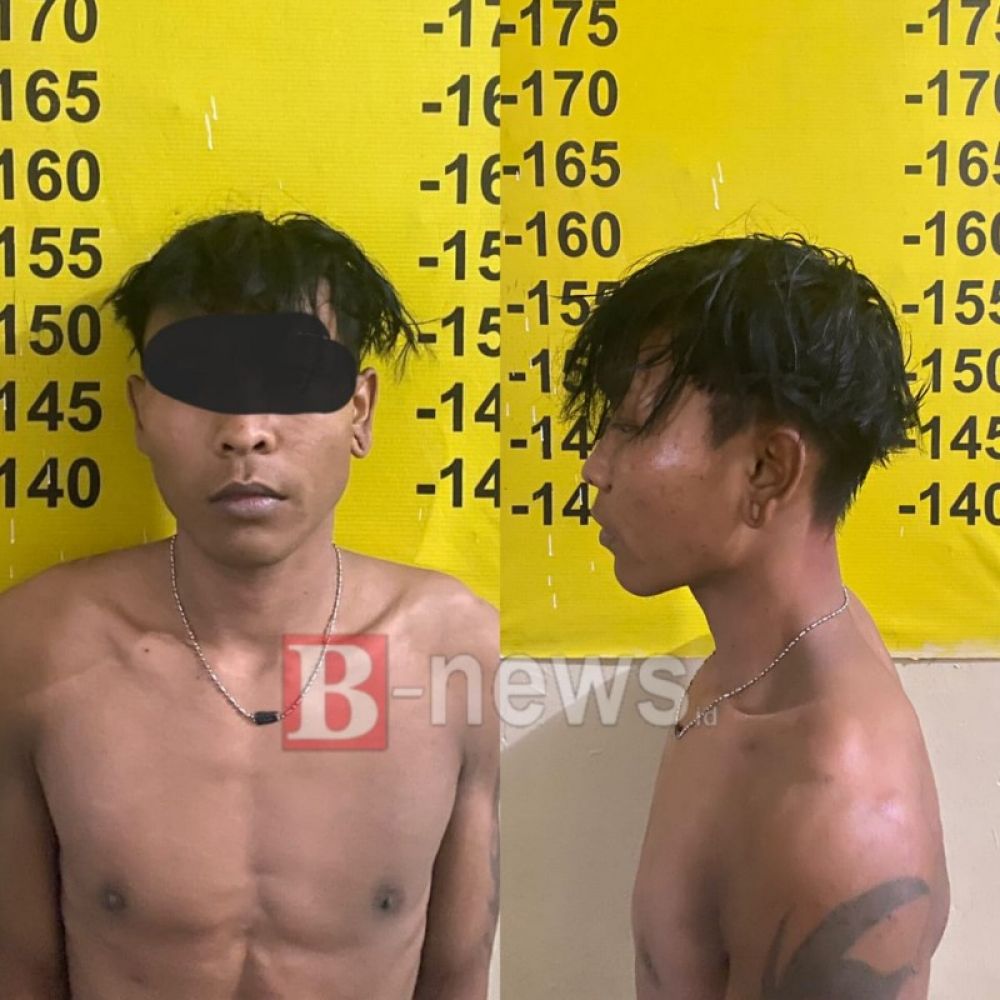 Pelaku dugaan pencurian disertai pemberatan yang nyaris jadi Bulan-Bulanan warga Penataban kecamatan Giri, Senin malam (10/04/2023). (Irw) 