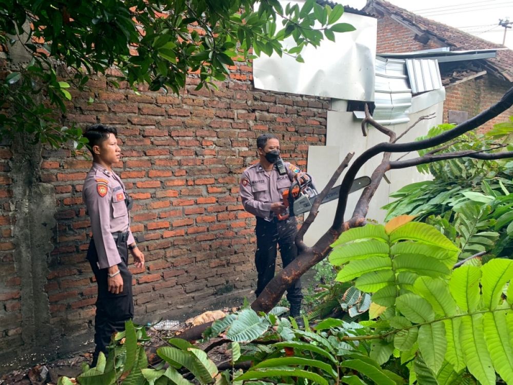 Petugas Polisi, BPBD, Saypol PP dan masyarakat bergotong royong membantu warga terdampak angin kencang di wilayah Waru. (Ist) 