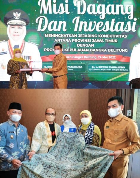 Foto Atas: Gubernur Khofifah terima cinderamata dari PJ Gubernur Babel. (Ist) Foto bawah: Gubernur Khofifah melihat batik bersama Pj Gubernur Babel dalam acara Misi Dagang dan Investasi. (Ist) 