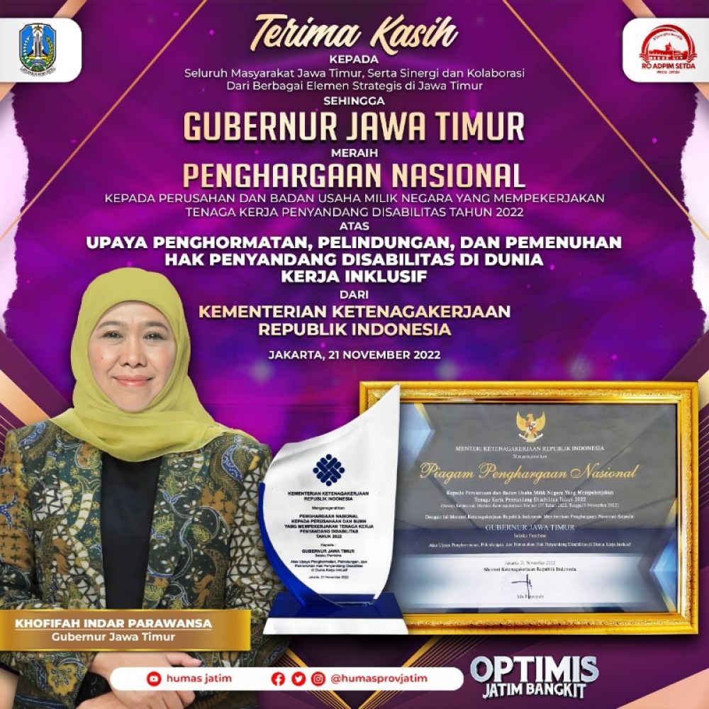 Gubernur Jawa Timur Khofifah Indar Parawansa terima penghargaan dari Kemenaker RI. (Ist) 
