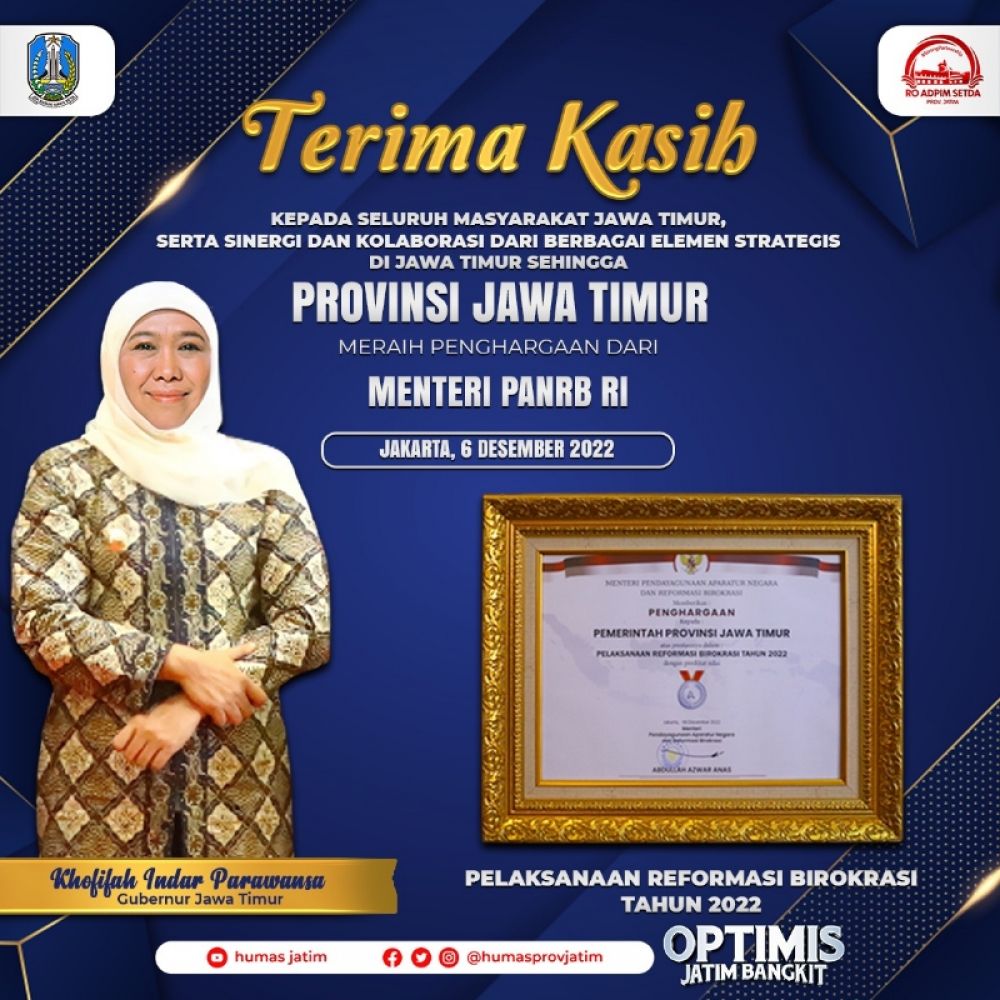 Pertama kali indeks Reformasi birokrasi Pemprov Jatim raih predikat A, Gubernur Khofifah: Bukti komitmen dan konsisten dalam bekerja di segala lini pemerintahan. (Ist) 